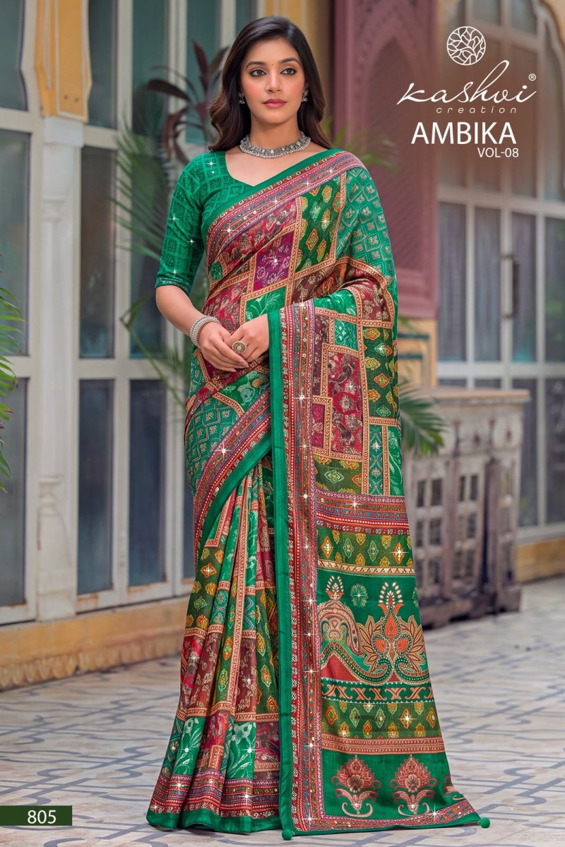 Ambika Vol 8 By Kashvi Chocolate Printed Glass Work Saree 